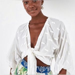 Farmrio gathered sleeves and tie front with beaded tassels white top
